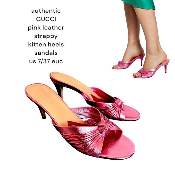 AUTHENTIC GUCCI HEELS PINK METALLIC LEATHER STRAPPY KITTEN SANDALS 7/37 EUC - Picture 1 of 7